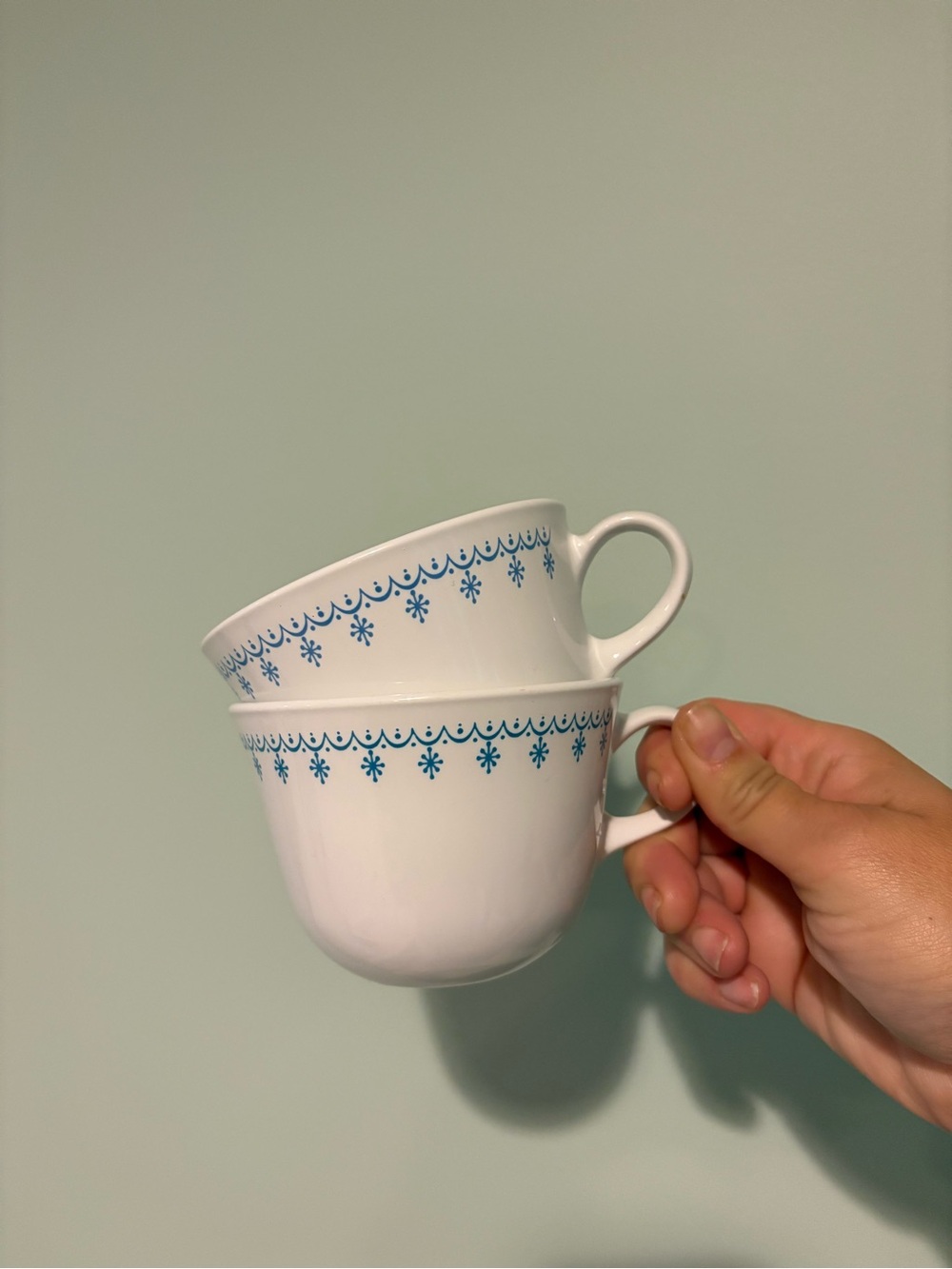 1970’s Vintage Corelle Livingware Tea Cups Snowflake Blue Pattern. Set of 2